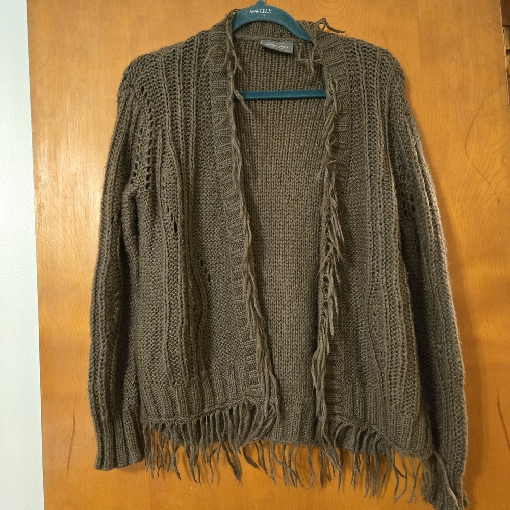 Wooden Ships Brown Fringe Open Cardigan Sweater Mohair Blend Size XS/S